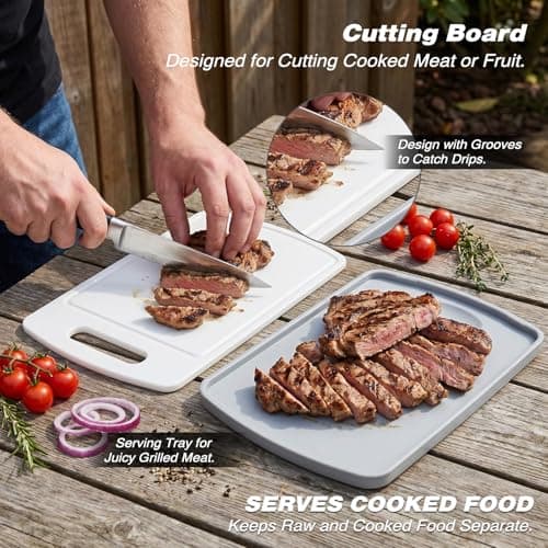 Sunmei Grill Prep and Serving Trays, 3-in-1 Stackable BBQ Food Tray, 5PCS BBQ Serving Set with Marinating Container, Serving Platter, Cutting Board and 2PCS Colored 12-Inch Grill Tongs (Gray) - Thumbnail 4