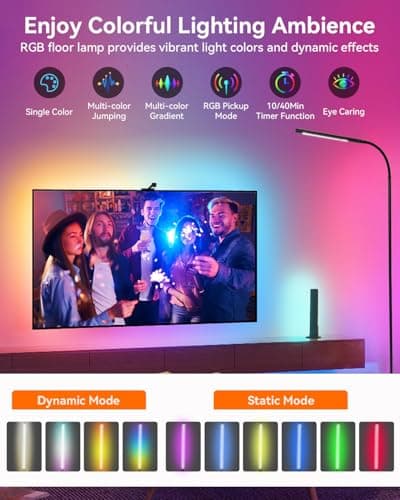 Pak Smart RGB Floor Lamp, LED Floor Lamp for Living Room, Modern Adjustable Gooseneck Standing Lamp with Music Sync, Scene Modes, Remote & Touch Control, Eye-Caring Reading Light for Bedroom Gaming - Thumbnail 2