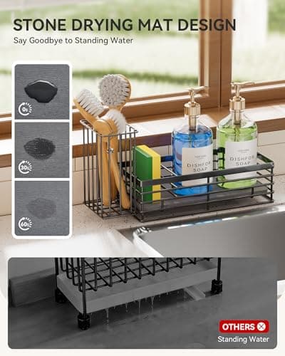 Yofidra Sponge Holder for Kitchen Sink, Sink Caddy Organizer with Stone Drying Mat, Kitchen Countertop Organizers and Storage Essentials, 304 Stainless Steel (Black, 9.3″) - Thumbnail 2