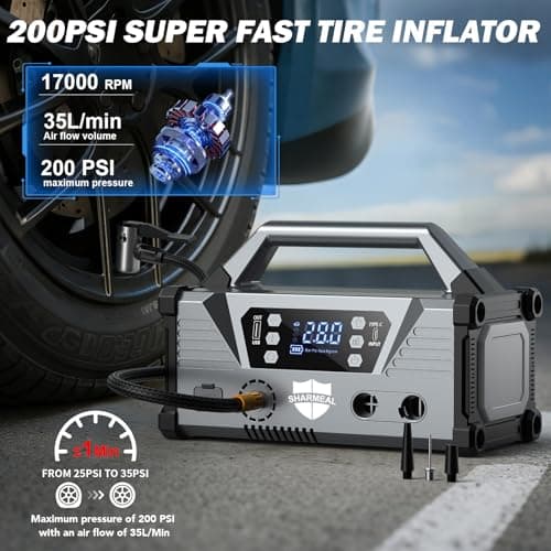 Sharmeal Jump Starter with Air Compressor，9000A Car Battery Jump Starter (All Gas/12.0L Diesel)，200PSI Car Battery Jumper Starter Portable 12V Jump Box with Jumper Cables, LED Light - Thumbnail 3