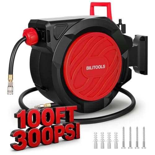 BILITOOLS Retractable Air Hose Reel, 3/8" x 100 ft Hybrid Air Hose Max 300PSI, Enclosed Air Compressor Hose Reel with Auto Rewind & 6.5 ft Lead-In Hose, 180° Swivel Wall/Ceiling Mount - Image 1