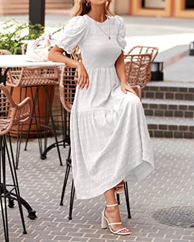 dowerme Womens Summer Dresses 2025 Casual Puff Short Sleeve Crewneck Smocked Flowy Ruffle Boho Beach Party Maxi Sundress(White,Medium) - Thumbnail 3