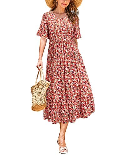 STYLEWORD Women's Summer 2026 Casual Short Sleeve Tiered Flowy Maxi Spring Dress Long Midi Beach Sundress Vacation Hawaiian Outfits(Floral06,S) - Image 1