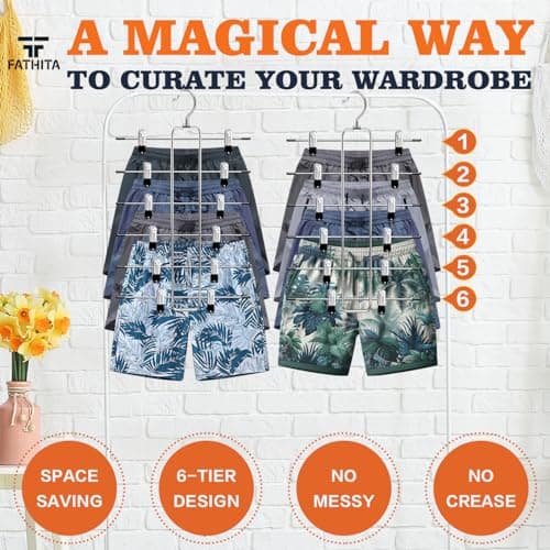 FATHITA 6-Tier Space Saving Pants Hangers with Clips, Multi-Functional Skirt & Jean Organizer for Small Closets, Dorm Room Essentials, 2 Pack Metal Clothes Storage - Thumbnail 4