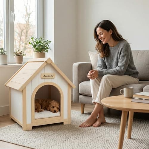 Indoor Dog House for Small & Medium Dogs, Natural Solid Wood Pet House with Cushion, Modern Indoor Design (Natural, 21.7" L x 23.6" W x 27.6" H, L1) - Thumbnail 5
