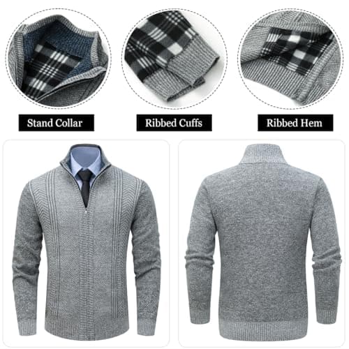 Msmsse Men's Casual Stand Collar Cardigan Full Zipper Knit Sweater with 2 Front Pockets Light Grey M - Thumbnail 2