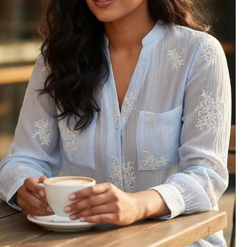 Ystguic Women's Sky Baby Blue Button Down See Through Embroideried Shirts - Thumbnail 3