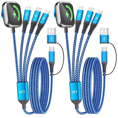 Jogrytece Multi Charging Cable with Dual Type-C Ports, 4 in 2 USB A/C Charing Cord for iWatch Charger/iPhone Charger/L Port, 5FT 2Pack iWatch Cable Travel Essentials for iWatch/iPhone 17-11/Android