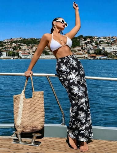 LOOKBOHO Women's Pants Drawstring Casual Palazzo Trousers with Pockets Loose High Waisted Wide Leg Pants with Pockets Black White Floral L - Thumbnail 3