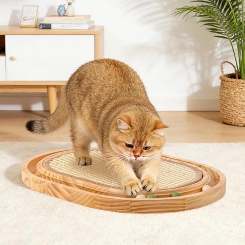 Petjoyi Upgraded Oval Sisal Cat Scratcher with Ball Track - Heavy-Duty Woven Scratching Pad, Interactive Cat Toy with 3 Balls, Extra Durable Wooden Base, 17" L x 13" W x 1.2" H - Thumbnail 2