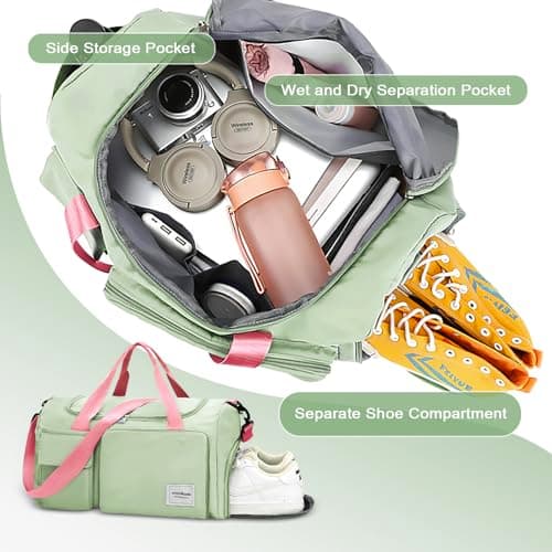 WOOMADA Foldable Travel Duffel Bag for Women, Weekender Bags with Shoes Compartment,Overnight Bag with Wet Pocket & Trolley Sleeve(Green&Pink) - Thumbnail 5