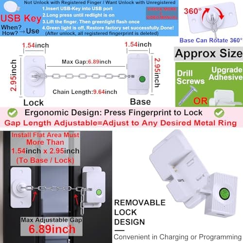 Bstsilver Fingerprint Refrigerator Lock, Baby & Cat Door Latch Adjustable Chain Childproof for Filing Cabinet Drawer Freezer, Window Biometric Locks French Fridge Latch RV Furniture Anchors Anti Tip - Thumbnail 2