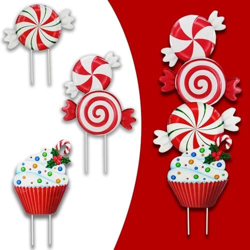 3 Pack Metal Christmas Yard Signs Decor for Multiple Stacked,Voumsil Christmas Yard Stakes with Candy Fall Yard Decor for Outside Garden Yard Lawn Porch - Image 1