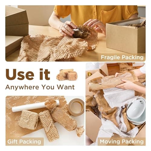 Honeycomb Packing Paper, 12"x150' Brown | Perforated Honeycomb Packing Paper Recyclable Moving Supplies for Shipping & Moving | Plastic-Free Alternative to Bubble Cushion Wrap with 36 Fragile Stickers - Thumbnail 3