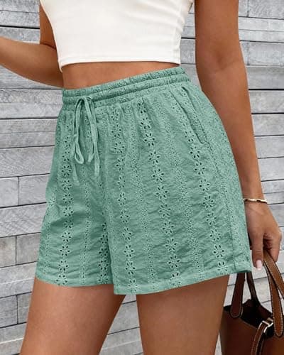KIRUNDO Shorts for Women Summer Casual Lace Elastic Waist Drawstring Cute Eyelet Boho Lounge Shorts Beach Vacation Outfits(Sage Green, Medium) - Thumbnail 4