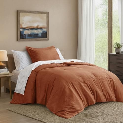 Regency Heights Twin/Twin XL Size Comforter Set, Lightweight 5 Pieces Burnt Orange Bed in a Bag All Season Chambray Print Bedding Set Ultra Soft Comforter, Farmhouse Sheets, Pillowcase & Sham