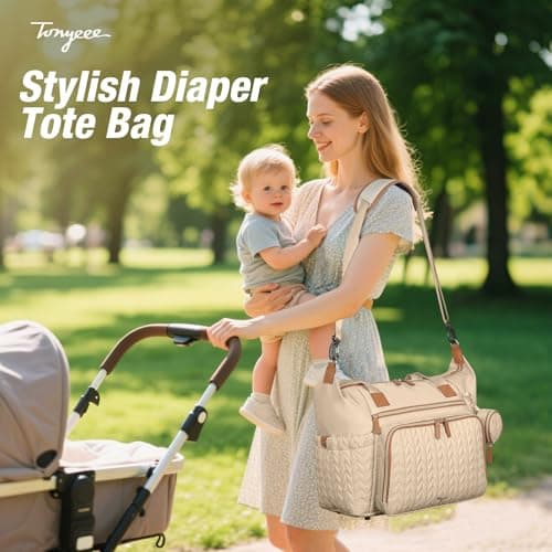 Tonyeee Diaper Bag Tote, Large Baby Diaper Bags Waterproof, Hospital Bag for Labor Delivery with Pacifier Case, Changing Pad, Shoulder Strap, khaki - Thumbnail 2