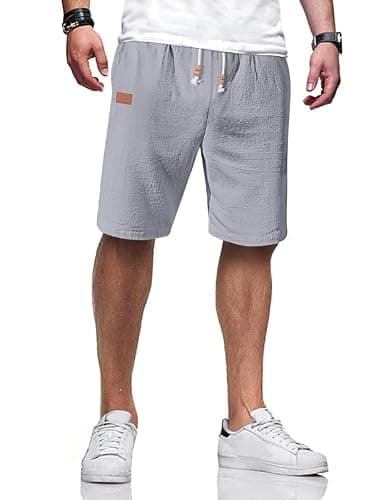 AUSELILY MEN Men's Cotton Linen Shorts 9 inch Drawstring Casual Elastic Waist Mens Summer Beach Vacation Shorts Big and Tall with Pockets Gray 4XL - Image 1