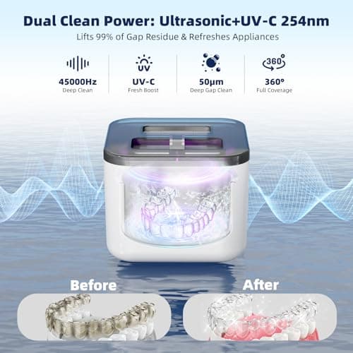 Ultrasonic Retainer Cleaner Machine, Denture Cleaner for Aligners Night Guards Braces Mouth Guards Toothbrush Heads，All-in-One Dental & Jewelry Cleaner, 45kHz 200ML, Dual Modes - Thumbnail 2