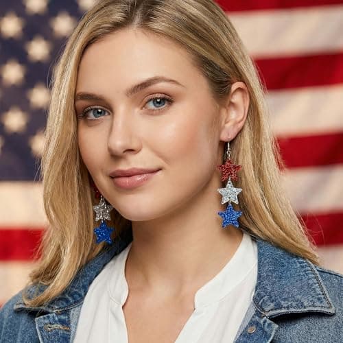 4th of July Outfits for Women - Patriotic Glitter Star Earring for 250 Anniversary - Fourth of July Accessories Shirts Outfits | Memorial Day Decorations for Women Girls - Thumbnail 4
