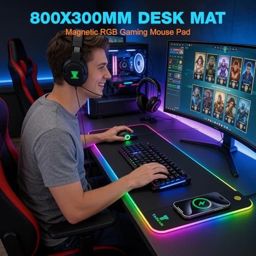 TARKARI Magnetic Wireless Charging RGB Mouse Pad, Large Gaming Desk Mat, 31.5"x11.8" Waterproof Mousepad, Ultra-Smooth Surface, Non-Slip Rubber Base, Desk Pad for Keyboard Laptop - Thumbnail 5