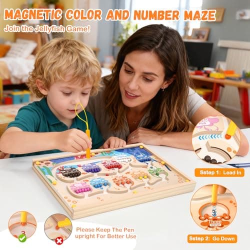 LIOKLICK 4-in-1 Magnetic Color and Number Maze Toys Box with Alphabet Puzzles Drawing Board, Wooden Storage Montessori Toy for 3-5 Year Old, Toddlers Educational Learning Toy Gifts for Kids Boys Girls - Thumbnail 3