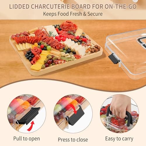 CAWIU Portable Travel Charcuterie Board with Lid and Handle - Large Bamboo Cheese Board with 4 Cheese Knife Set for Outdoor, Picnics - Weddings, House Warming Gift for Women (1 Compartment, Black) - Thumbnail 3