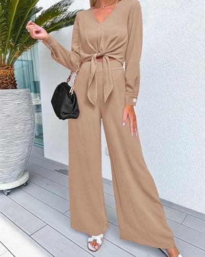 PRETTYGARDEN Women's 2 Piece Outfits 2025 Fall Fashion V Neck Long Sleeve Strappy Crop Top Wide Leg Pant Lounge Sets(Khaki,Large) - Thumbnail 2