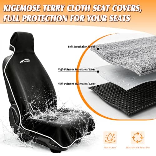 KIGEMOS 2 Pack Towel Car Seat Covers, Waterproof Washable Front Seat Protectors with Soft Terry Cloth, Non-Slip Backing, Universal Fit for Cars SUVs Trucks,Gym,Beach,Pets, Kids,Road Trips (Black) - Thumbnail 4