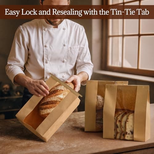 AOZITA 100 Pack Paper Bread Bags with Tin Tie Lock & Clear Window - Large Bakery Bags for Homemade Sourdough Bread, Cookies, Snacks Storage 14"x8.3"x3.5" Includes Seal Stickers - Thumbnail 4