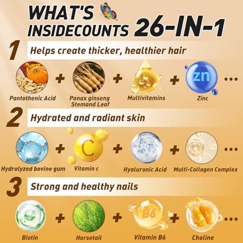BUTTERFLY'S TEAR Hair, Skin & Nails for Women, Gummies with 10000mcg Biotin & Collagen Complex,Strong Vibrant Hair, Supports Shiny Nails, Healthy Skin, Extra Strength (Pineapple Flavor, 120 Count) - Thumbnail 3