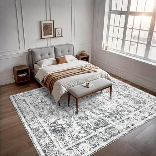 Ruicharm Washable Living Room Rug: 9x12 Boho Vintage Soft Area Rug for Bedroom Decor - Oriental Low Pile Thin Carpet for Dining Room Non-Slip - Farmhouse Stain Resistant Rugs - Grey - Thumbnail 4