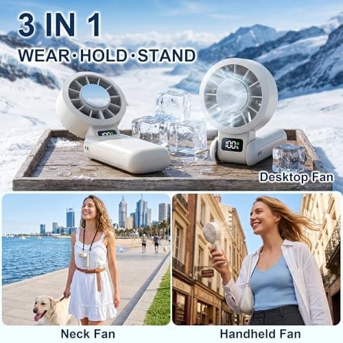 Husdensky Portable Handheld Fan with Ice Cooling, 5.5m/s High Speed, Foldable Neck Fan, 5-Speed LED Display, 12H Battery, Independent Switch, Personal Fans for Travel, Concerts, Sports Events - White - Thumbnail 4