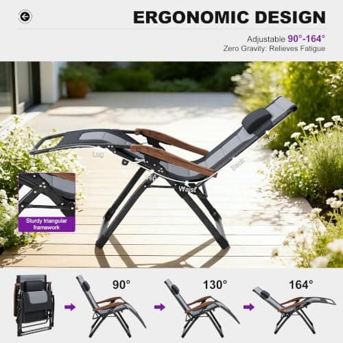 PURPLE LEAF Extra Wide Outdoor Reclining Chair Set of 2 Patio Zero Gravity Chaise Lounge Folding Chair with Quilted Cushion Adjustable Headrest for Lawn Camping Beach Pool Black and Grey - Thumbnail 5