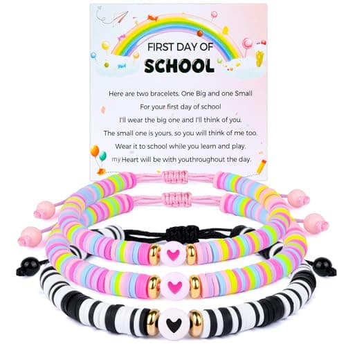 First Day of School Mommy and Me Matching Bracelets Kindergarten Pre-K Back to School Clay Bead Jewelry for Mother, Daughter, Dad, Son Adjustable Heart Bracelets Gift (Pink-First Day of Kindergarten)
