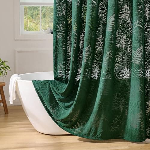 Lameirose Dark Green Shower Curtain Lace Tropical Plant Textured Shower Curtain Sheer Farmhouse Fabric Shower Curtains for Bathroom 72 x 72 - Image 1