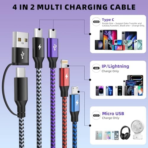 Firsting 4 in 2 USB C Multi Charging Cable, Travel Phone Charging Cords [2 Pack, 5FT] for Multiple Devices with 2 Type-C, IP and Micro USB Cable, Charger Cord Type C for iPhone 17-8, Android, Pad - Thumbnail 3