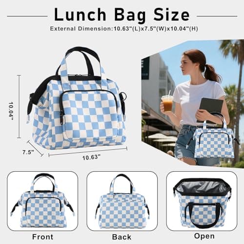 U+U Reusable Lunch Bag for Women Men Leakproof Lunch Tote Bag with Adjustable Strap, Holds Lunch Box, Snacks, Fruits for Work, Picnic or Travel - Insulated, Large Capacity, Waterproof (Blue Checkered) - Thumbnail 3