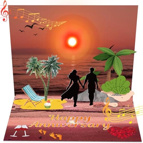 mountova Anniversary Card with Music and Lights, 3D Pop Up Happy Anniversary Cards for Women Men Wife Husband Couple, Beach Vacation Invitation Card for Him or Her - Image 1