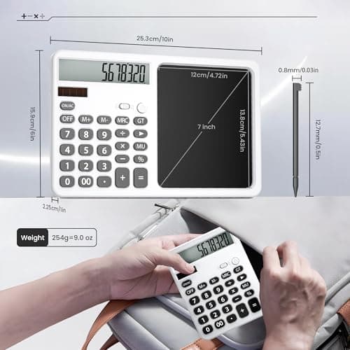 Desk Calculator with Writing Pad, Widescreen Extra-Large LCD Display, 12-Digit Calculator, Solar & Battery Dual Power Supply, Desktop Calculator with Ergonomic Viewing Angle for Office, School (White) - Thumbnail 5