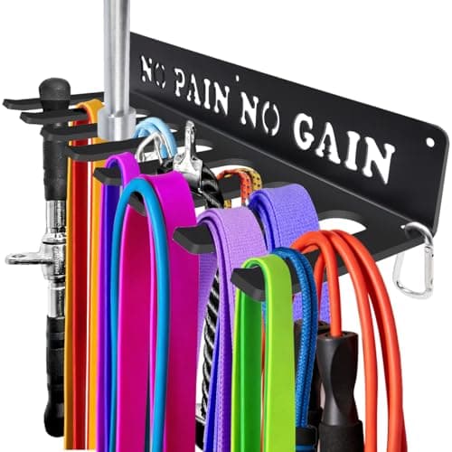 Gym Home Rack 8 Hook Heavy-Duty Wall-mounted Organizer Multi-Purpose Workout Gear Wall Hanger Storage for Resistance Bands Jump Ropes Lifting Belt Fitness Bands Barbells Carabiners Included (NO PAIN NO GAIN) - Image 1