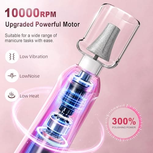 Pro Nail Drill Kit, Electric Nail File with UV Dryer Lamp & LED Light, 10000RPM Low Vibration & Noise, 10 Speeds, 3000mAh Cordless Nail dremel, Toenail Grinder for Manicure Pedicure Home Use, Pink - Thumbnail 4