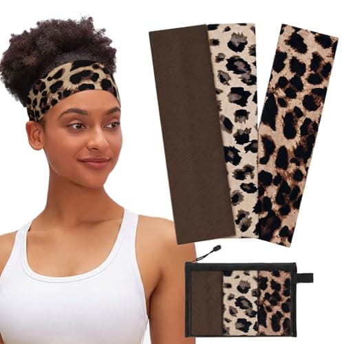 WENNKINN Headbands for Women Non Slip, Soft Elastic Cloth Hairband for Workout Gym Running Sports, Sweat Wicking Wide Headband, 3 Pack with Bag(Brown, Brown Leopard Print) - Image 1