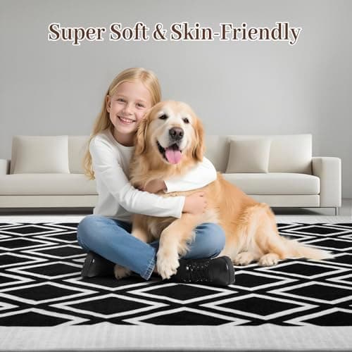 Washable Rug 8x10 – Soft Textured Area Rug with Non-Slip Backing, Modern Luxury Checkered Design, Machine Washable Carpet Perfect for Living Room, Bedroom, and Dining Room, Black - Thumbnail 6