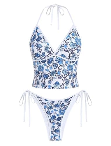 Jillumi Halter Tankini Swimsuits for Women Cute V Neck Halter Cute Bathing Suit Tie Side Thong Two Piece Swimsuit Blue White Floral M - Image 1