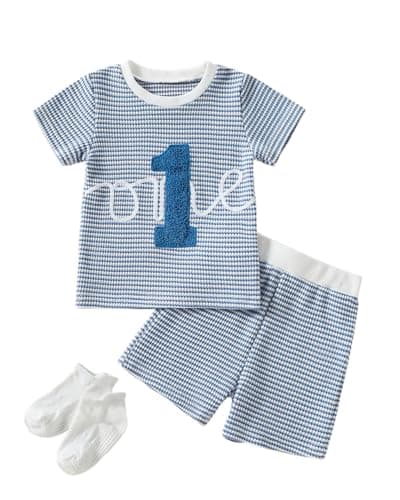 ChuYuKu Baby Boy 1st Birthday Outfit Waffle Knit One Short Sleeve T-Shirt and First Birthday Shorts Set Spring Summer - Image 1