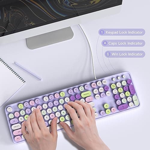 Dilter Wired Keyboard, 104 Keys Full-Sized Typewriter Keyboards, USB Office Keyboard with Number Pad, Caps Indicators, Foldable Stands for Windows, PC, Laptop, Desktop (Purple Colorful) - Thumbnail 4
