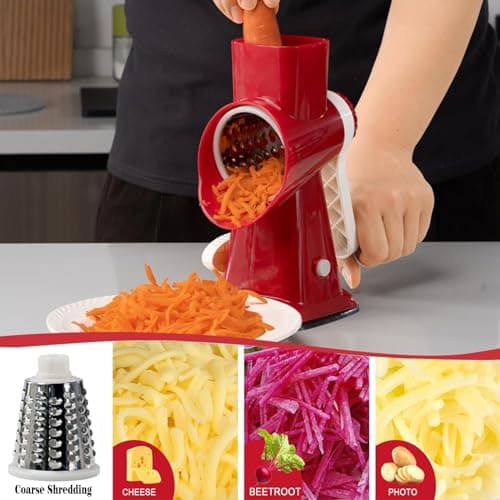 YOUCZON Rotary Cheese Grater Multi-Purpose Stainless Steel Cheese Shredder - Cheese Grater With Handle Effortless Grating of Carrots, Potatoes, Vegetables, and Fruits (Red) - Thumbnail 3