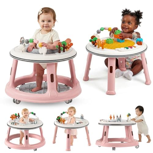 5-in-1 Musical Light Baby Walker, Featuring a Unique Building Block Table Mode, Standing Table, Bouncer & Stroller Modes. Sturdy Construction with Adjustable Height, Suitable for Babies 6 Months+ Pink - Image 1