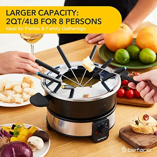 Befano Stainless Steel Fondue Pot with Temperature Control, Forks, Cups, and Rack, 2-Quart, Non-Stick, Perfect for Chocolate, Cheese, Caramel, Marshmallows, Great for Valentine's Day - Thumbnail 2